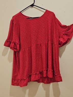 Women’s Red Eyelet Ruffle Hem Blouse